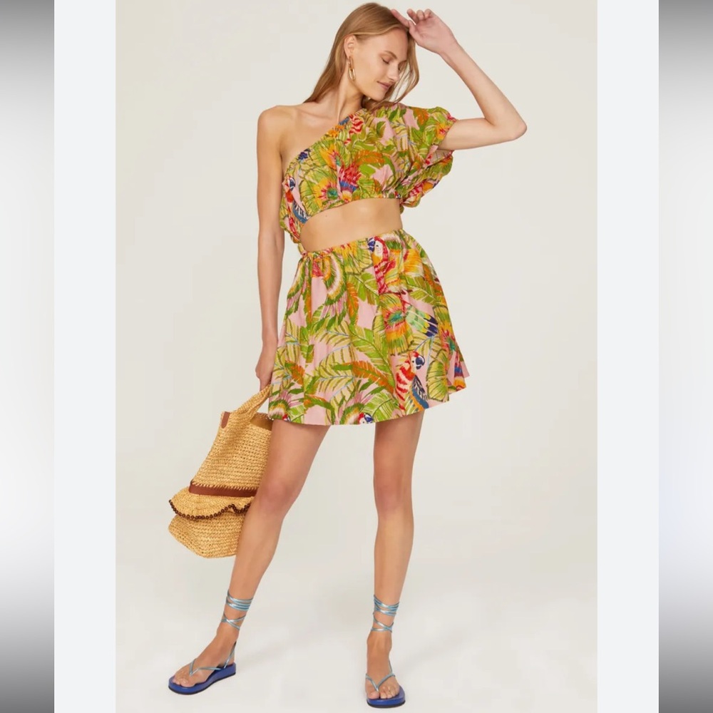 Farm Rio Macaw Tropical One-Shoulder Crop‎ Top and Skirt Dress Small